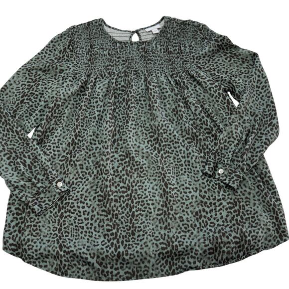 J.Jill Top Womens Small Green Leopard Smocked Shift Blouse Tunic - Picture 1 of 5